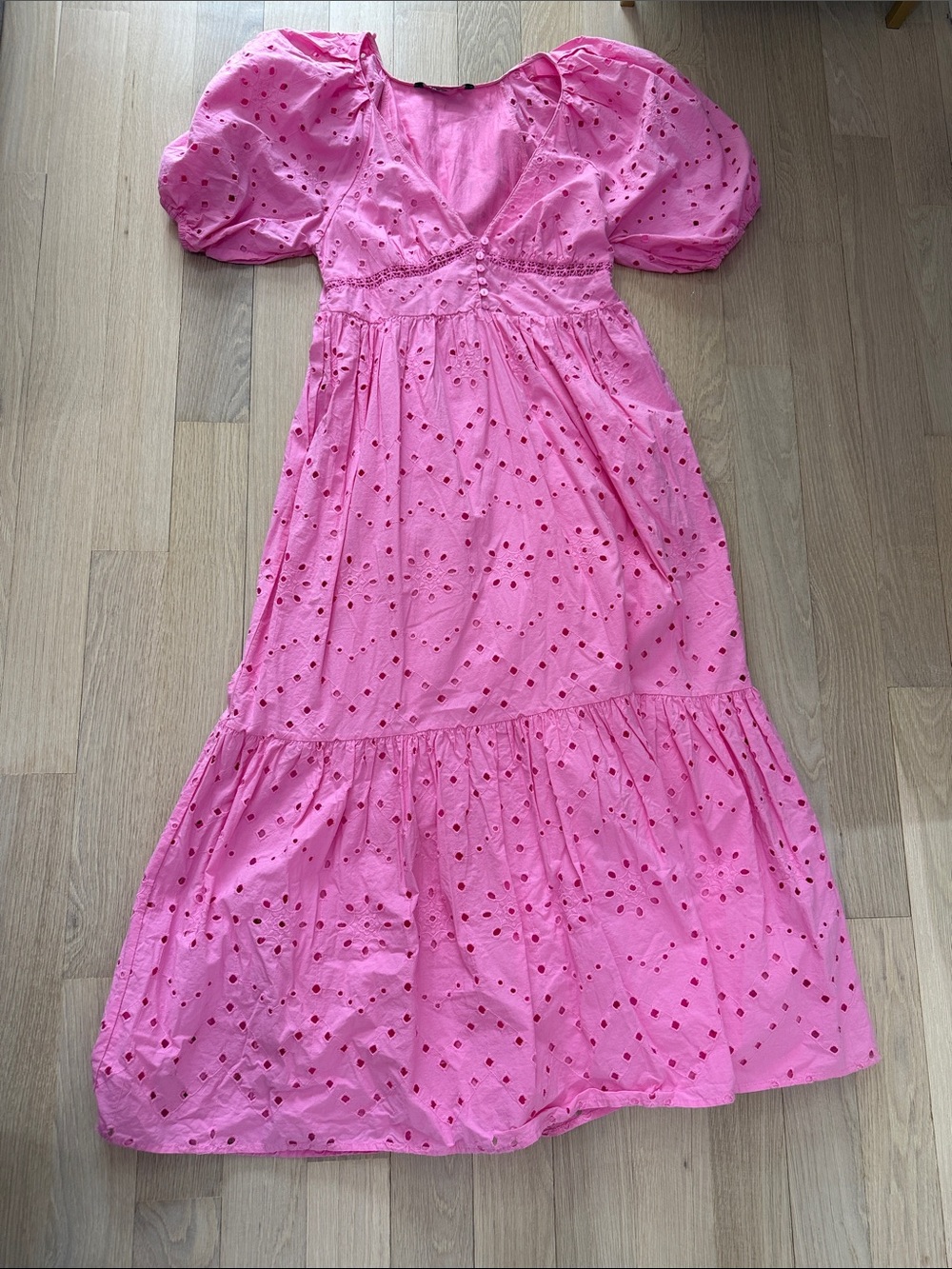 Zara Pink Eyelet Puff-Sleeve Midi Dress